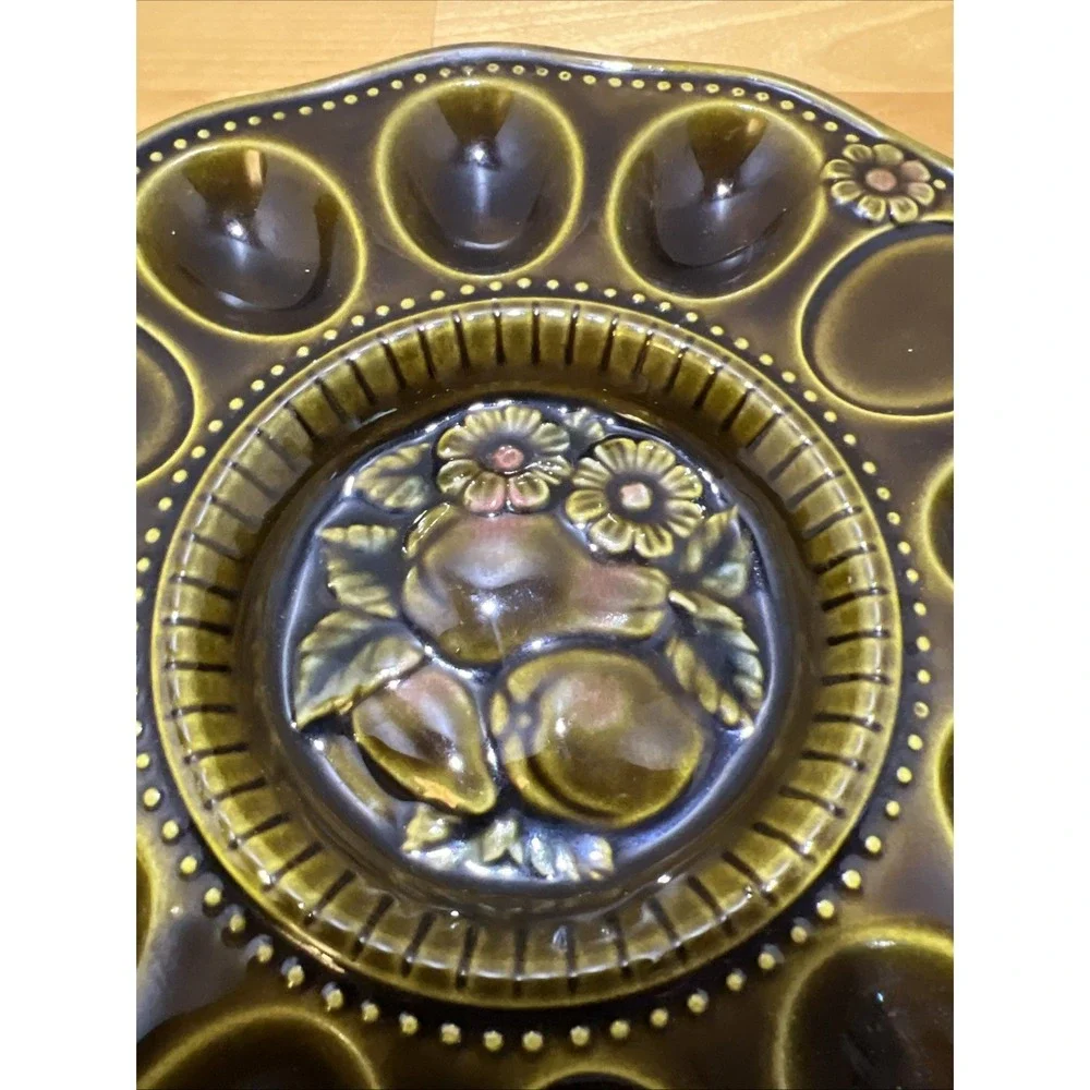 Vintage 1970's Japanese Brown Deviled Egg Plate Tray Floral  • Holds 9 Eggs